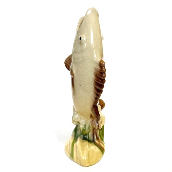 Vintage Leaping Fish Ceramic Vase 10 Inch Crazing Marked H 54 Beige Brown Asian - Picture 4 of 12